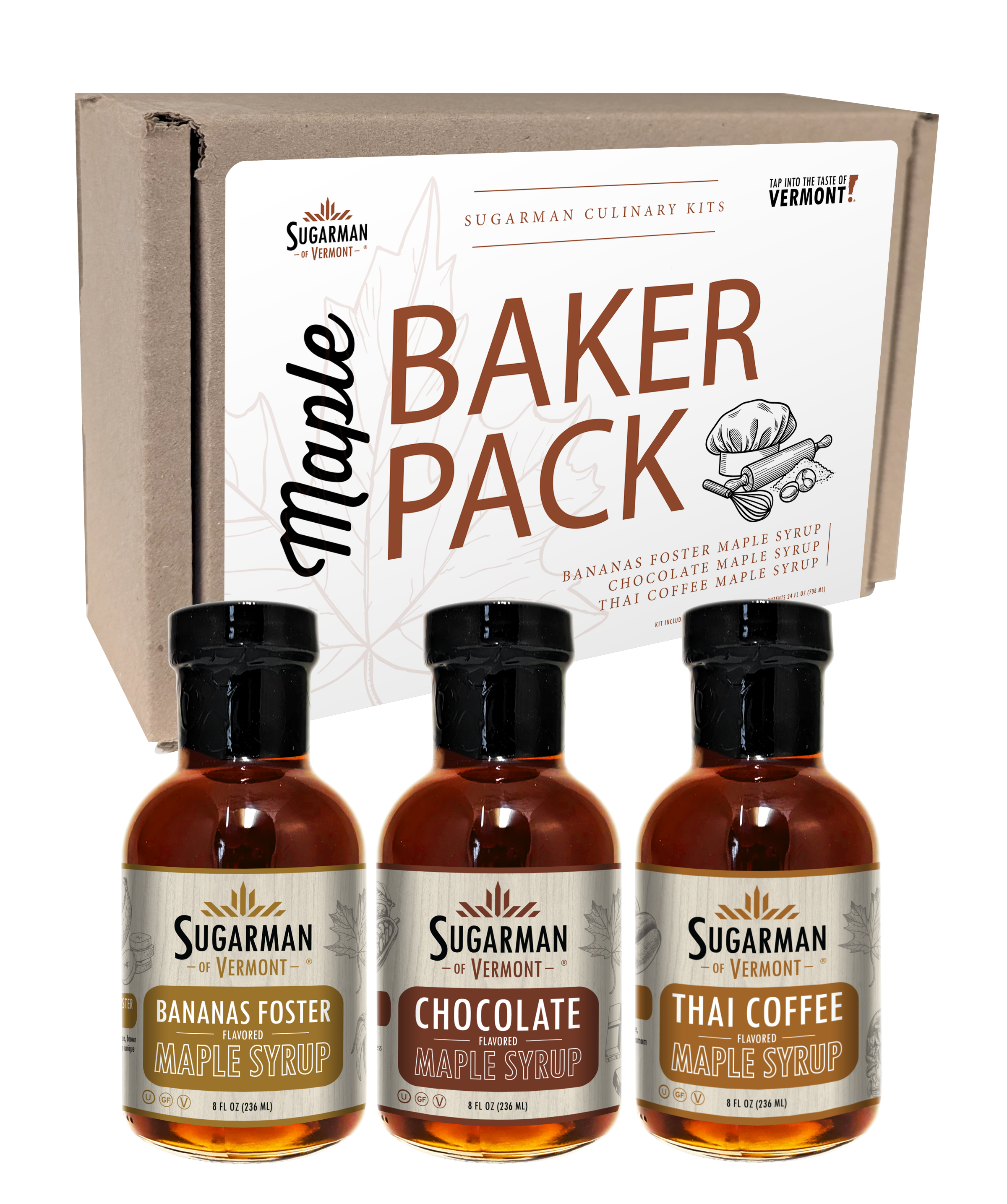 Maple syrup sampler pack featuring Bananas Foster, Chocolate, and Thai Coffee flavors.